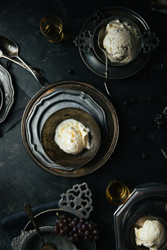Homemade Ice cream in antique silver dishes