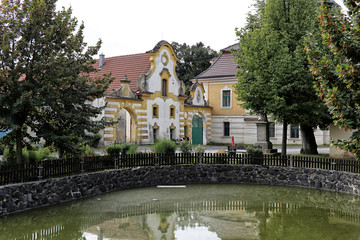 Fototapeta na wymiar Bohemian village green with dirty pond