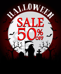 Halloween sale background with grim Reaper 50% off. Vector illustration