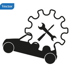 Black Car with screwdriver and wrench icon isolated on white background. Adjusting, service, setting, maintenance, repair, fixing. Vector Illustration