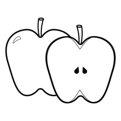 Sliced apple cut in half. Vector illustration in black and white.