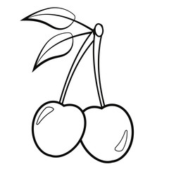 Pair of cherries with leaves. Vector illustration in black and white.