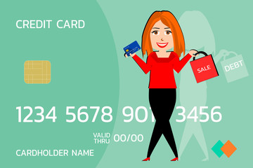 Business woman hand holding credit card and shopping bag , may be make debt burden or convenient life about credit card in lifestyle , vector