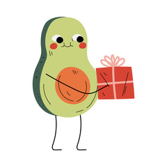 Cute Avocado Holding Gift Box, Cheerful Fruit Character with Funny Face Vector Illustration