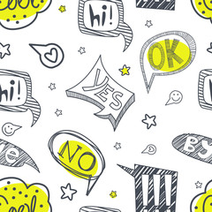 Speech Bubbles Seamless Pattern with Different Words, Design Element Can Be Used for Comics Book, Fabric Print, Packaging, Background Vector Illustration