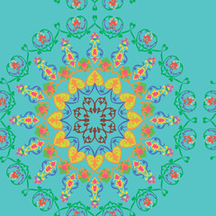   Ornament details in a rich palette of abstract flowers on a gray background. Traditional oriental decoration.