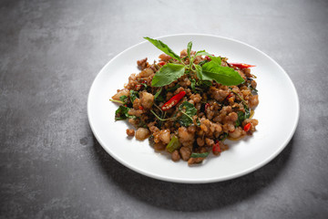 Stir-fried minced pork with basil.