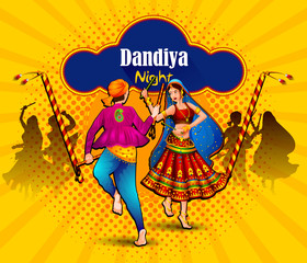 easy to edit vector illustration of Indian people dancing Garba dance for Dandiya Disco Night event on Navratri Dussehra festival of India