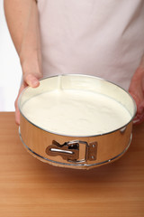 Cake mix into baking tin ready for baking. Making Victoria Sponge Cake. Series.