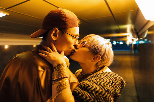 Romantic kiss in the underpass