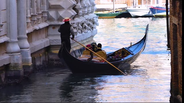 Venetian gondola passing canal. Royalty free Full HD stock footage related to European and Italian history, culture, and tourism.