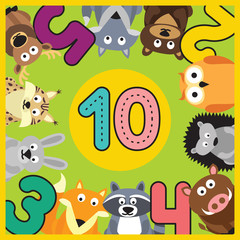 Cover for set of numbers with animals from 1 to 10. Vector flat illustration