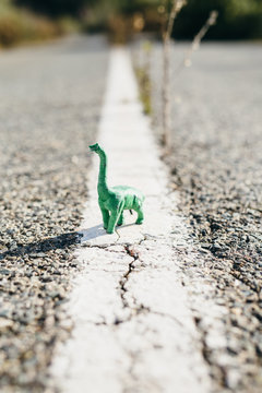 Dinosaur in the middle of a road.