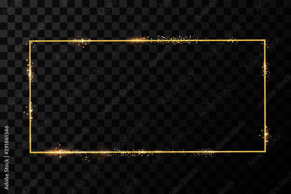 Poster golden frame with lights effects. shining rectangle banner. isolated on black transparent background