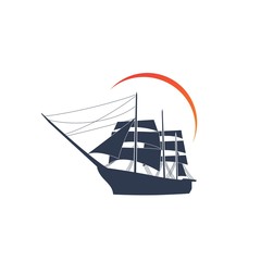 Simple ship sailboat on the ocean with sun illustration logo design