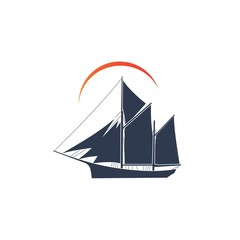 Simple ship sailboat on the ocean with sun illustration logo design