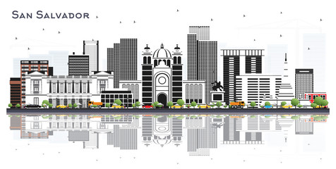 Fototapeta premium San Salvador City Skyline with Gray Buildings and Reflections Isolated on White.