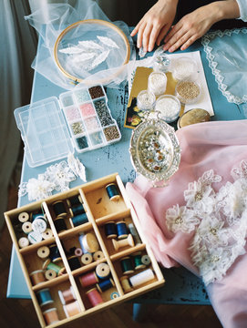 Sewing notions on table