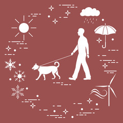 Man walking a dog on a leash in any weather.