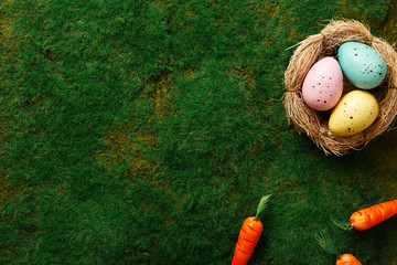 Congratulatory easter background. eggs in the nest
