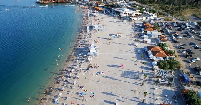  Aerial scene of the Zrce beach on Pag island, Adriatic Sea, Croatia 