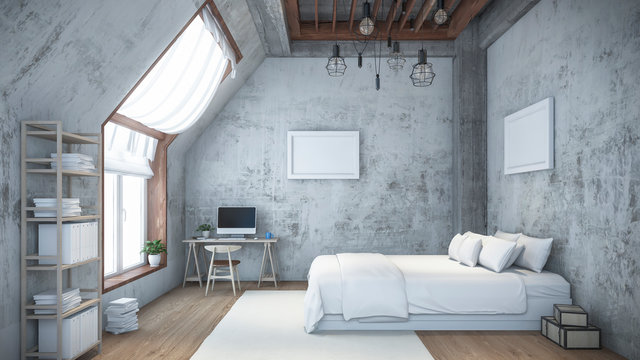 room Design wall garret Loft attic 3D rendering