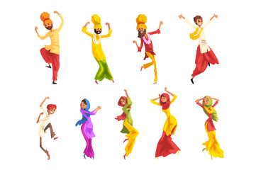 Indian man and woman in traditional clothes dancing folk dance set vector Illustrations on a white background