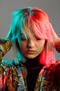 Colored hair close up in studio.