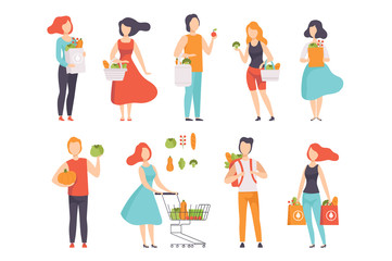 Fototapeta na wymiar People with bags with healthy food, men and women doing shopping at the grocery shop vector Illustration on a white background