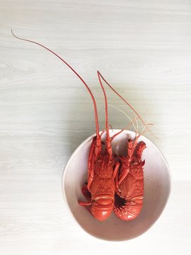 Overhead view of crayfish served on plate