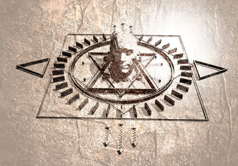 Animated mystery, witchcraft, occult and alchemy sign. Mystical vintage gothic geometry thin lines symbol around the human head.