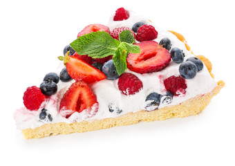Piece of tasty berry pie on white background