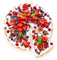 Tasty berry pie on white background