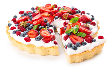 Tasty berry pie on white background