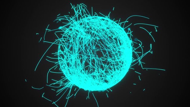 3d rendering, computer generated sphere or ball of numerous neon scribbles particles and lines on a black background