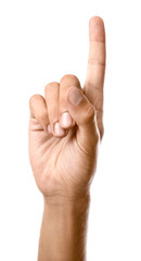 Male hand with raised index finger on white background