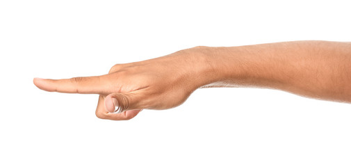 Male hand pointing at something on white background