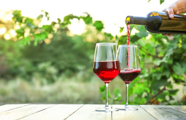 Pouring of tasty wine from bottle into glasses on table in vineyard