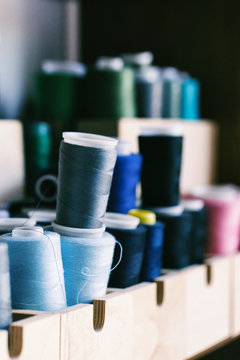 Closeup of Blue Sewing Thread in DIY Atelier