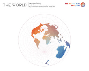 Polygonal world map. Airy's minimum-error azimuthal projection of the world. Red, Yellow, and Blue colored polygons. Stylish vector illustration.