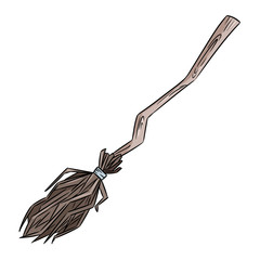 Cute old bromstick doodle. Happy Halloween related icon - magic broom. Vector isolated symbol. Cartoon image element: witch or wizard old flying broom