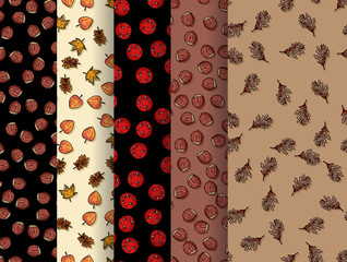 Collection of autumn seamless patterns. Set of leaves and fall elements decoration background texture tiles