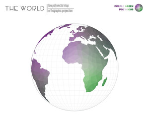 Polygonal world map. Orthographic projection of the world. Purple and Green colored polygons. Stylish vector illustration.
