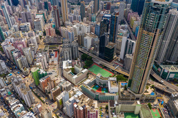 Drone fly over Hong Kong downtown