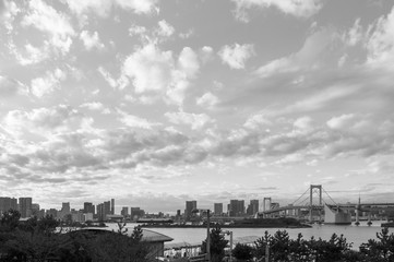 Odaiba Rainbow bridge with Tokyo bay view at evening - Balck and white