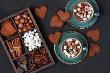 Homemade dark hot chocolate in mugs  with marshmallows 