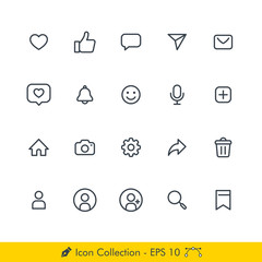 Set of Simple Social Media (Social Network) User Interface Related Icons / Vectors - In Line / Stroke Design | Contains Such Profile Page, Social Link, Settings, Picture, Share, Like, Rating
