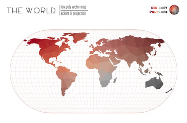 Triangular mesh of the world. Eckert III projection of the world. Red Grey colored polygons. Contemporary vector illustration.