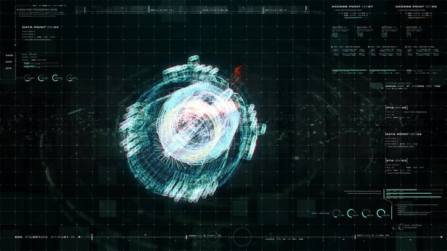 Futuristic user interface head up display Holographic electromagnetic engine with gravitational fields energy particles wave and digital data telemetry information