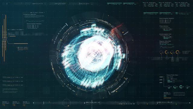 Futuristic user interface head up display Holographic electromagnetic engine with gravitational fields energy particles wave and digital data telemetry information